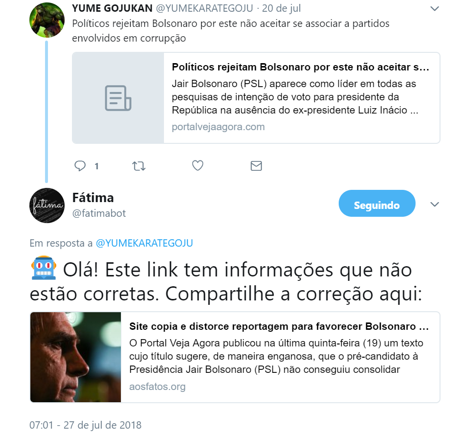 Robô Fátima chatbot no twitter